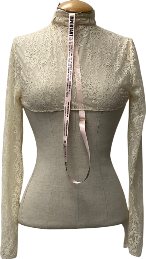 House of CB Beige Long Sleeved Lace Open Back Crop Top UK M