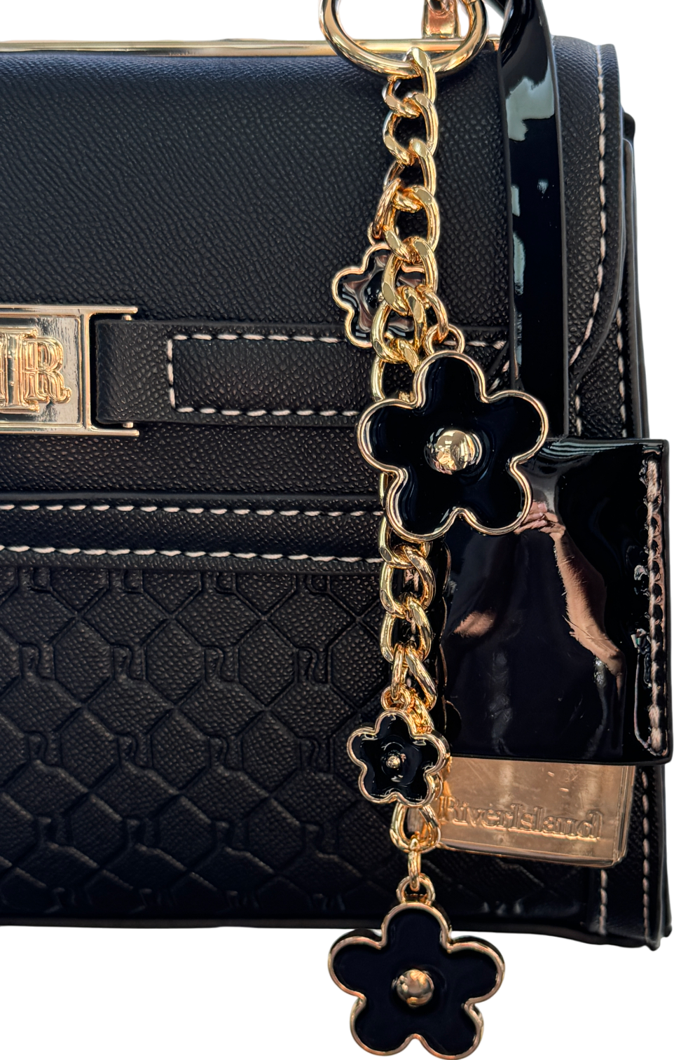 River Island Embossed Panel Mini Tote Bag In Black With Clover Charms With Crossbody Strap