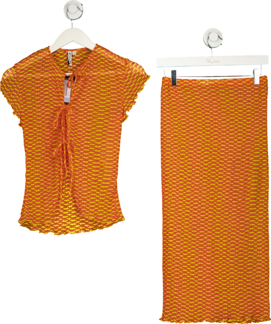 Arthur Apparel Orange Sheer Skirt And Tie Front Top UK XS
