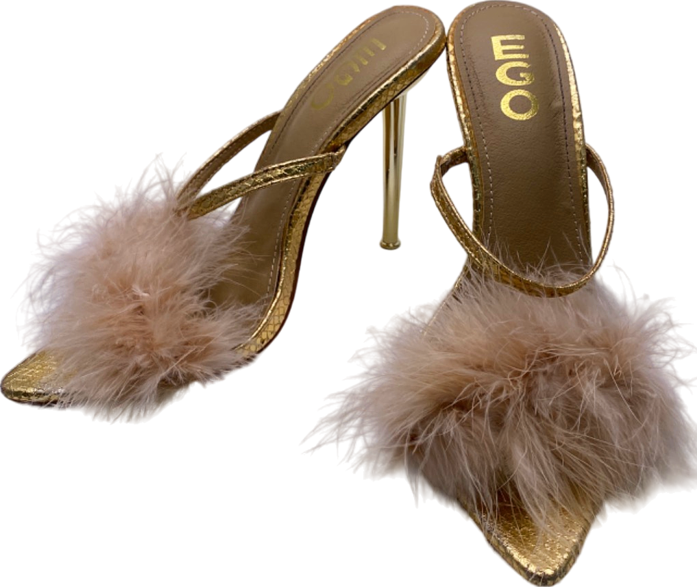EGO Gold Faux Fur Feathered High Heels Sandals UK 5