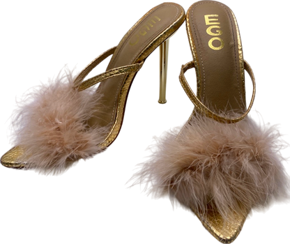 EGO Gold Faux Fur Feathered High Heels Sandals UK 5