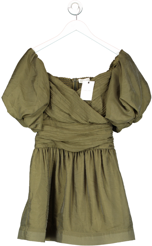 by malina Green Pleated Bodice Puff Sleeve Mini Dress UK XS
