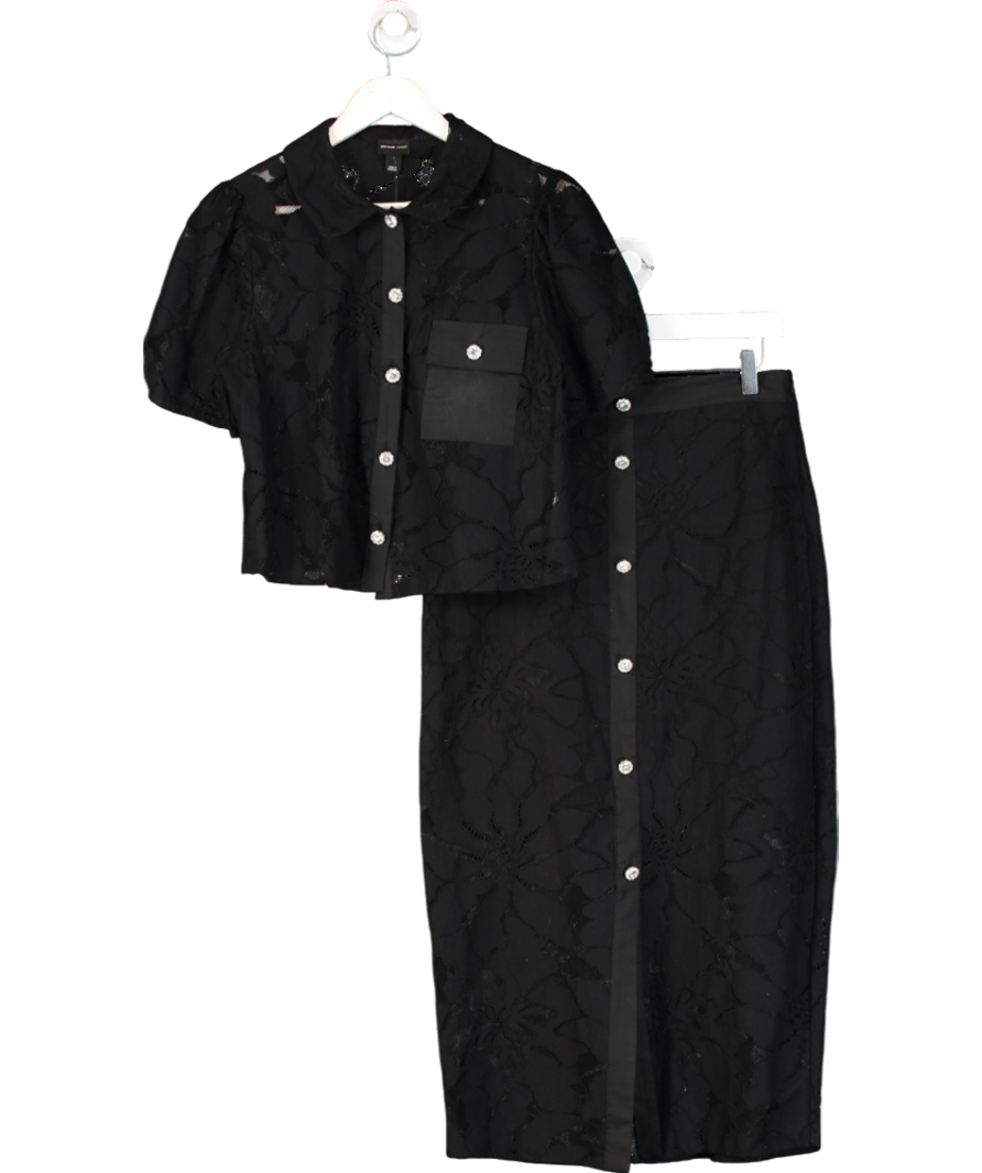 River Island Black Lace Cropped Shirt And Skirt Set with diamanté buttons UK 12