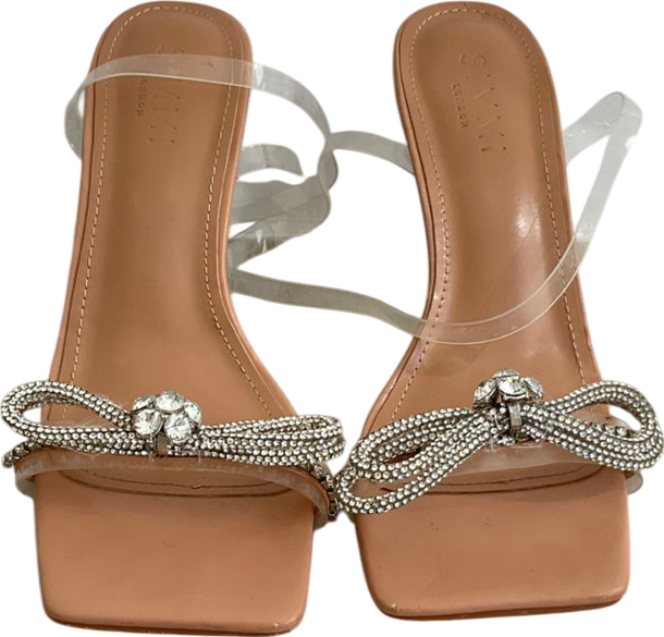 Simmi London Metallic Silver Clear Diamante Bow Mid Heels UK 5 EU 38 👠