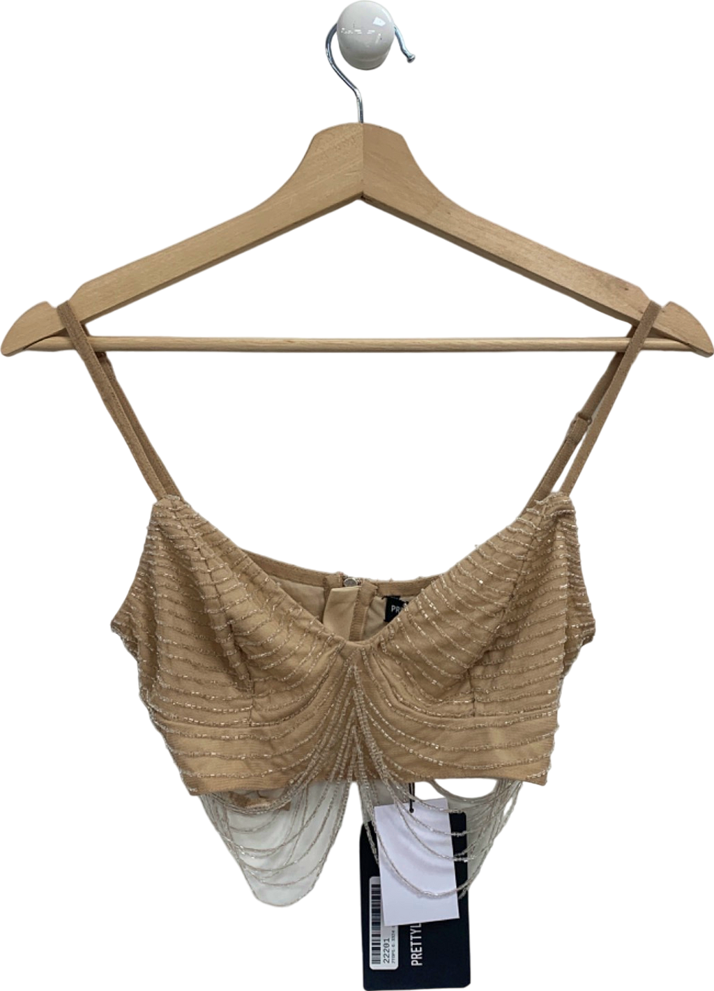 Pretty Little Thing Nude Premium Embellished Draped Bead Bralet UK 6