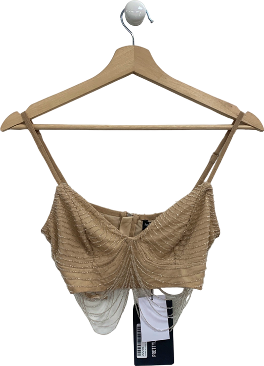 Pretty Little Thing Nude Premium Embellished Draped Bead Bralet UK 6