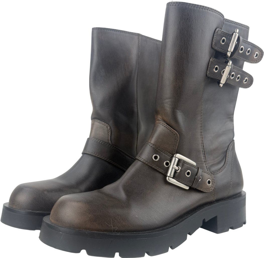 ZARA Brown Leather Biker Buckle Boots UK 5 EU 38 👠