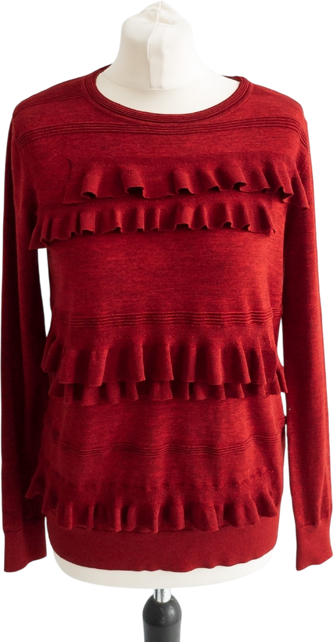 Diane von Furstenberg Dark Red Merino Wool / Viscose  Blend Ruffled Crew Neck Jumper UK S