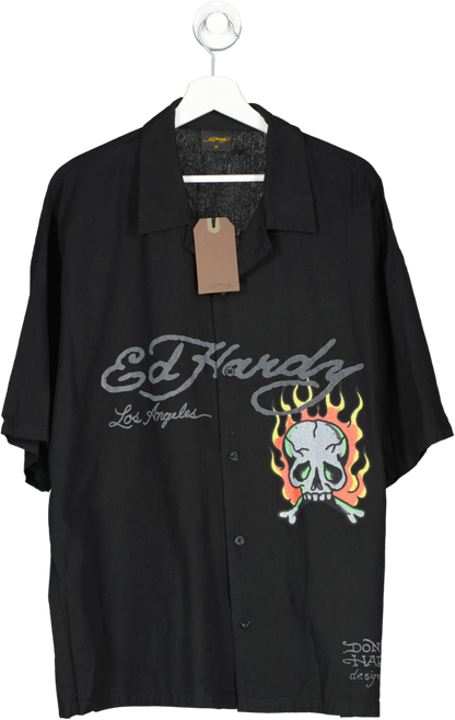 Ed Hardy Black Skull Flames Camp Shirt UK M