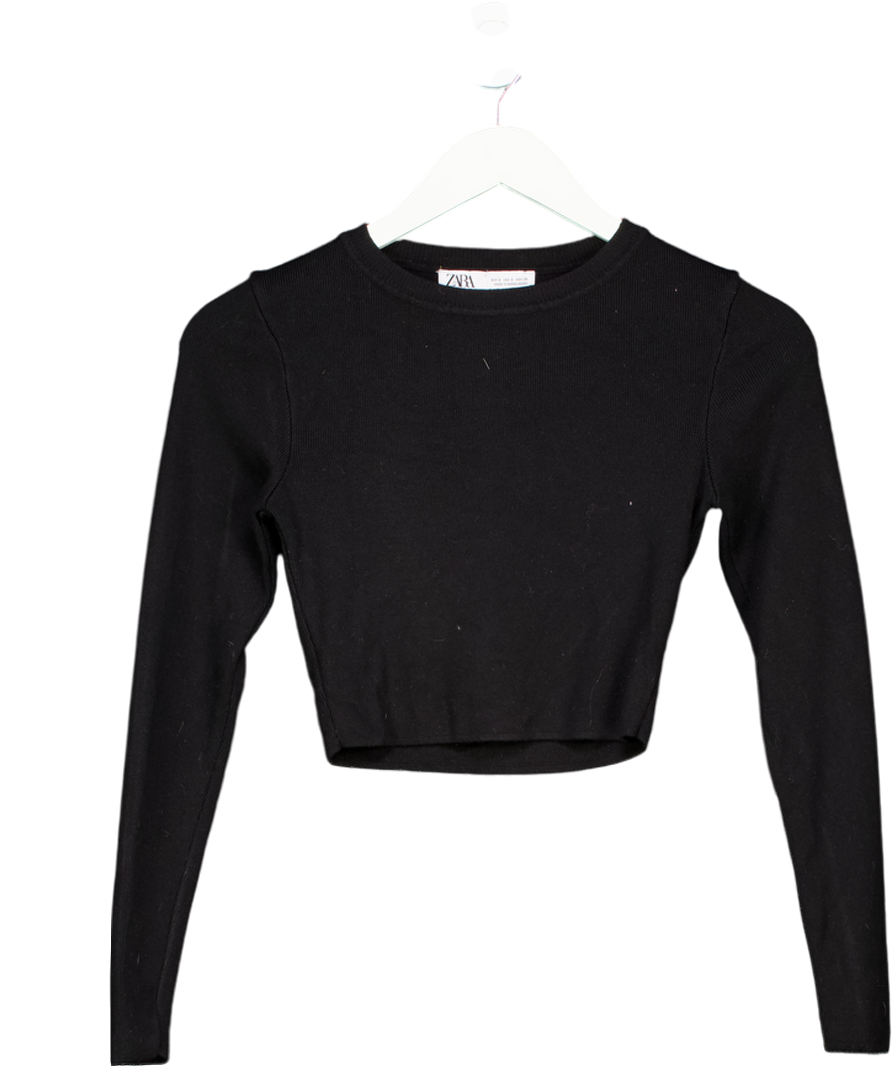 ZARA Black Long Sleeve Ribbed Crop Top UK S