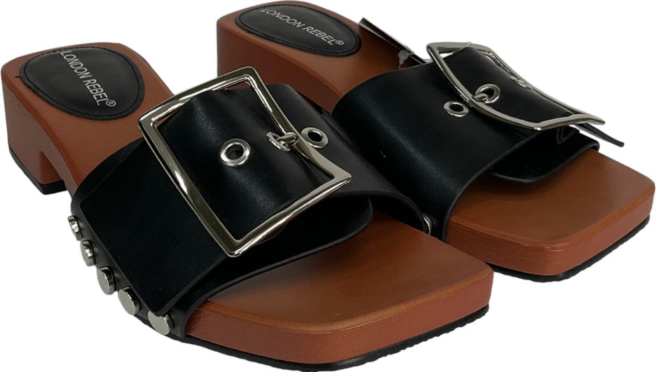 london rebel Heeled Sandal With Buckle Detail In Black Faux Leather UK 5 EU 38 👠