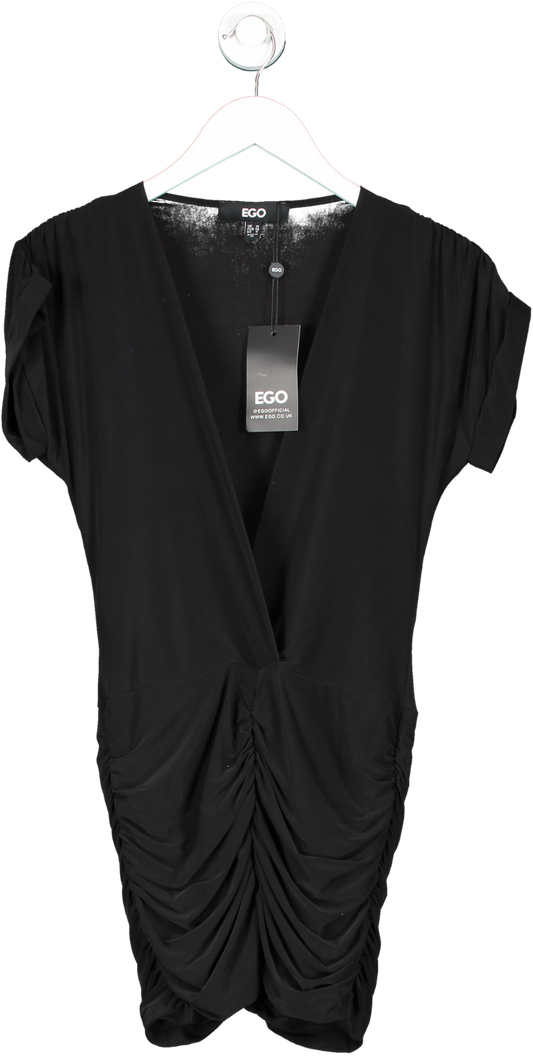 Ego Black Plunge Neck Ruched Detail Mini Bodycon Dress UK 10