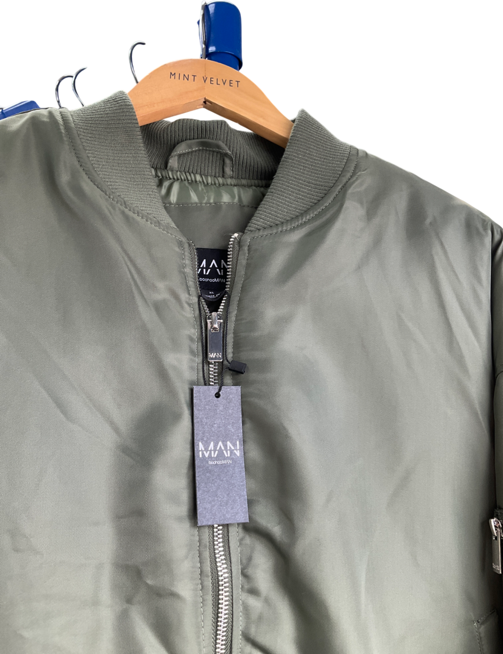 boohooMan Green Oversized Boxy Curved Hem Nylon Bomber Jacket UK XL