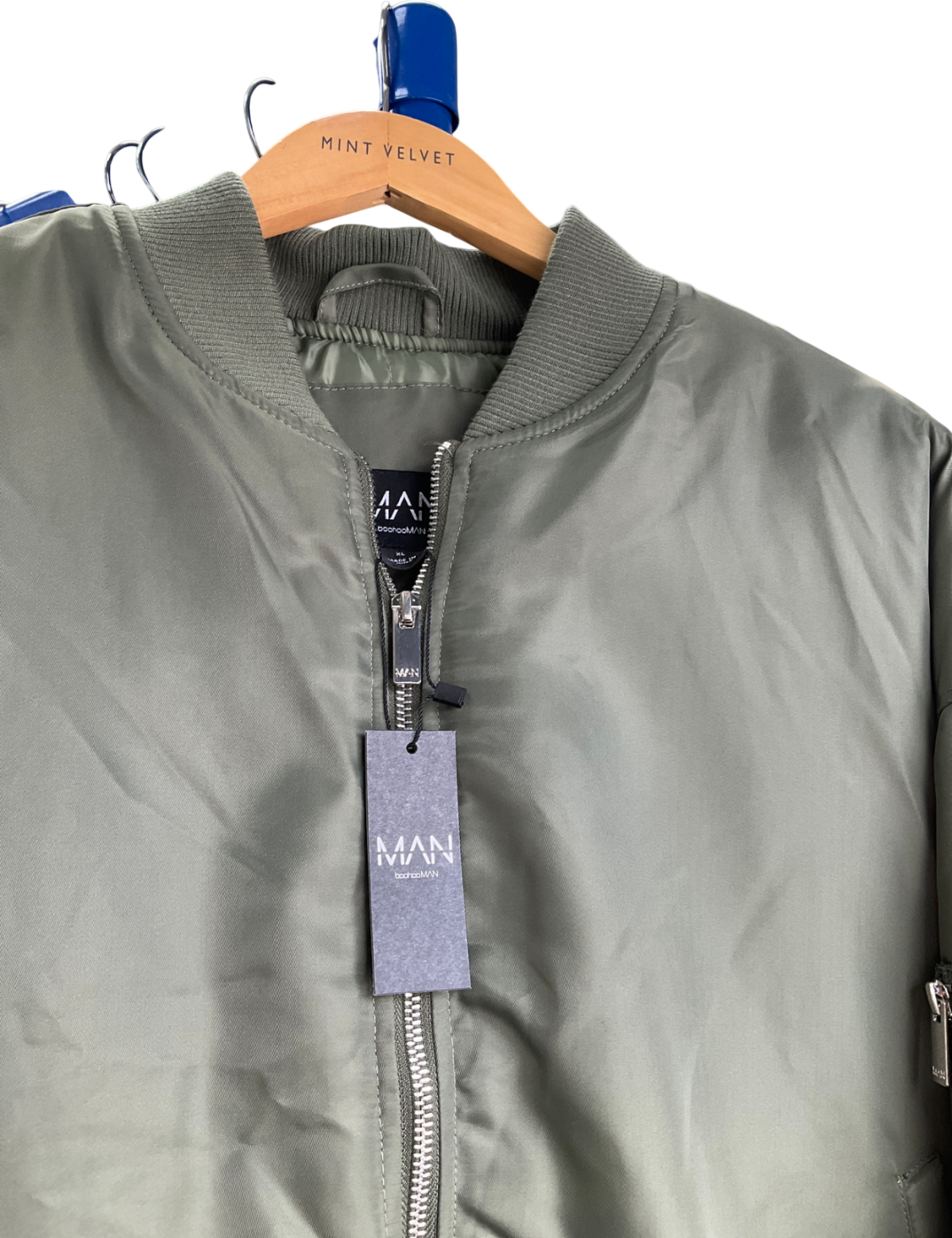 boohooMan Green Oversized Boxy Curved Hem Nylon Bomber Jacket UK XL