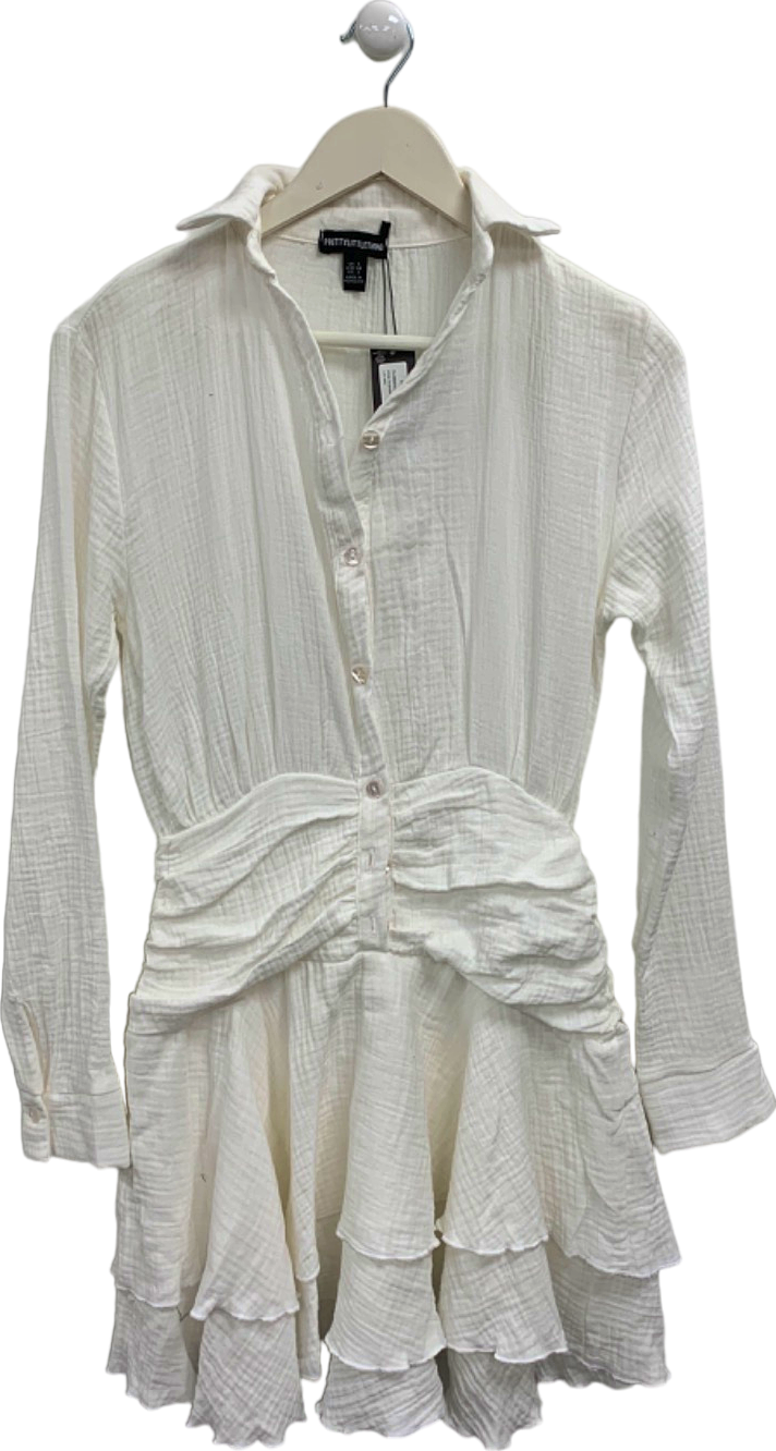 Pretty Little Thing White Oversized Shirt Frill Detail Shift Dress UK 6