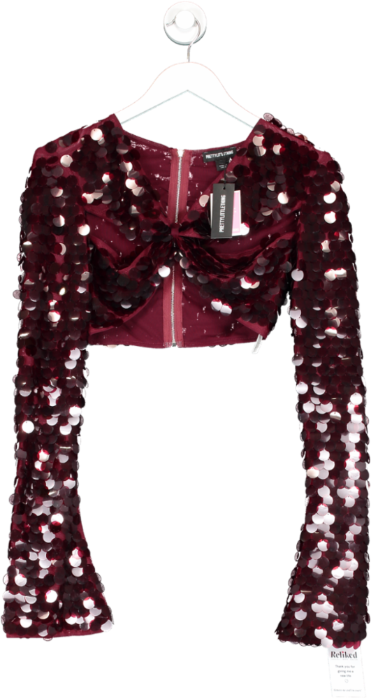 PrettyLittleThing Cherry Red Sequin Twist Front Long Sleeve Top UK 6