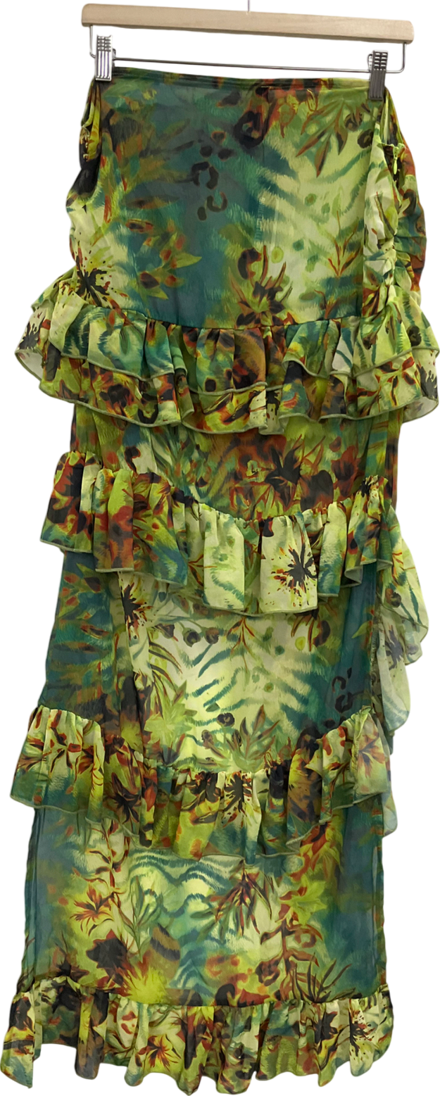 PrettyLittleThing Green Tropical Printed Chiffon Frill Detail Maxi Skirt UK 12