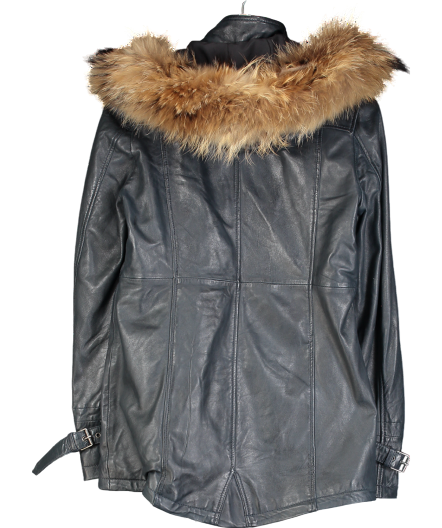Infinity Leather Blue Warm Leather Hooded Parka Jacket UK S