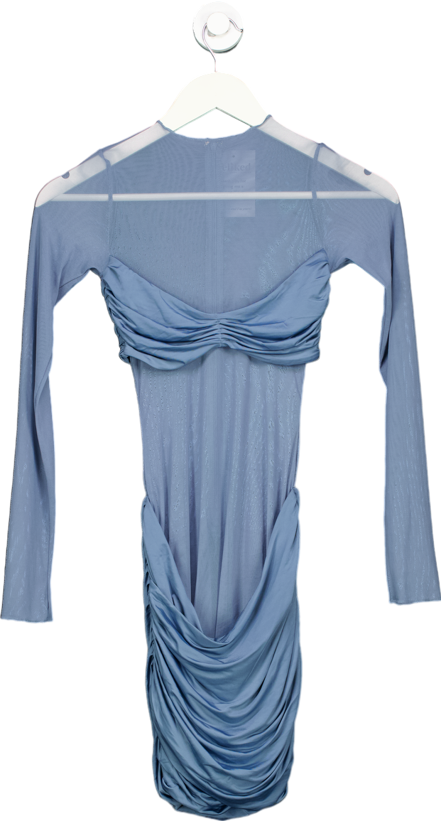 Oh Polly Steel Blue Mesh Ruched Dress UK 6