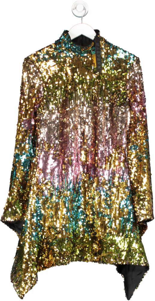 HALPERN Multicoloured Sequin-embellished High-neck Fluted-sleeve Dress BNWT UK 10