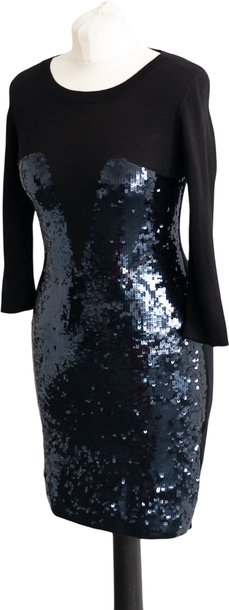 MARKUS LUPFER Black & Navy Sequin Front Knit Dress UK S