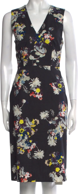 Erdem Darice Midnight Black Floral Twill Sleeveless V-neck Pencil Sheath Dress UK 8