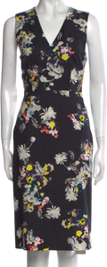 Erdem Darice Midnight Black Floral Twill Sleeveless V-neck Pencil Sheath Dress UK 8