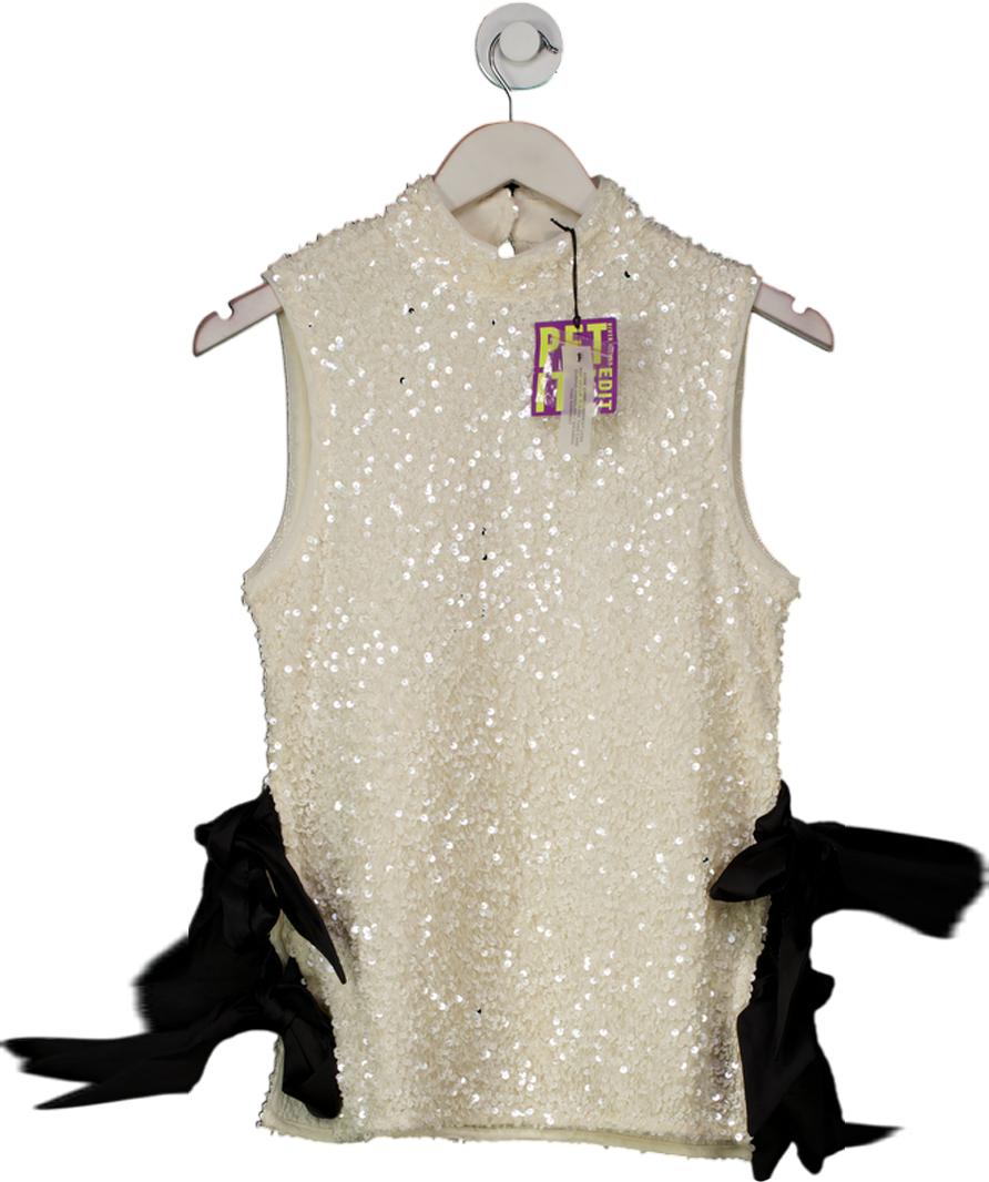 River Island Petite White Sequin Bow Side Top UK 8