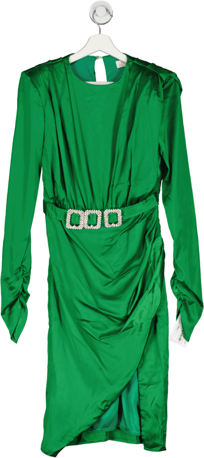 boohoo Green Satin Shoulder Pad Diamante Buckle Dress UK 8