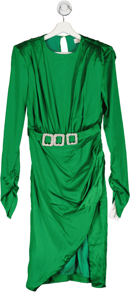 boohoo Green Satin Shoulder Pad Diamante Buckle Dress UK 8