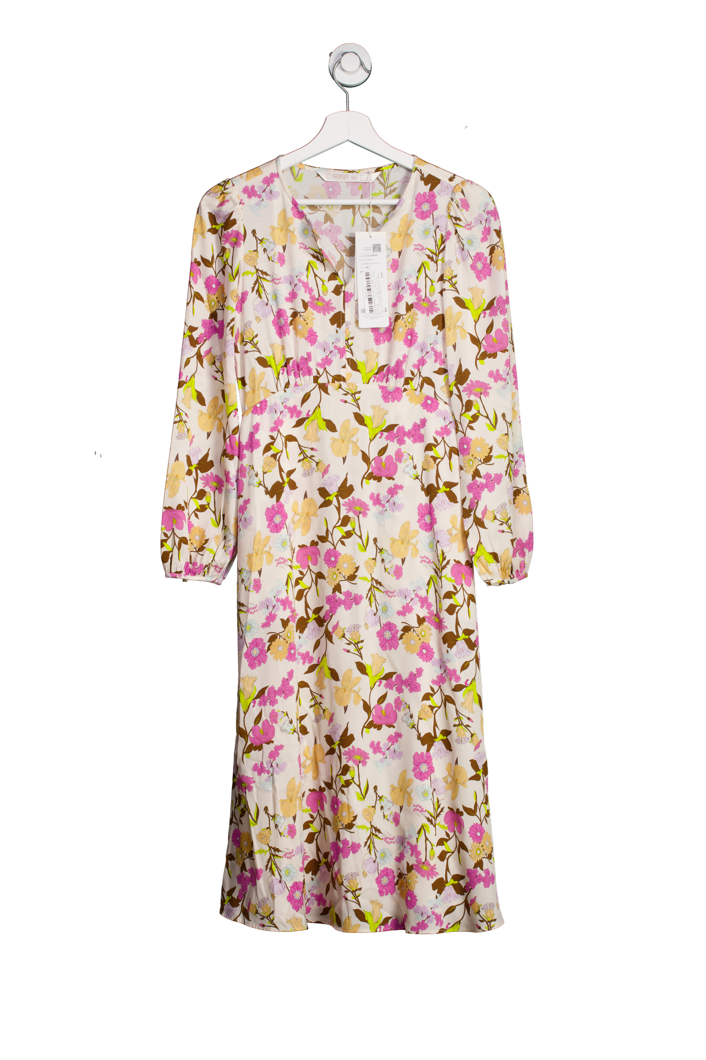 Goelia Cream / Multi 19 Momme Mulberry Silk Floral Printed Women Midi Dress UK XS