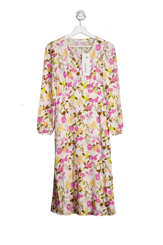 Goelia Cream / Multi 19 Momme Mulberry Silk Floral Printed Women Midi Dress UK XS