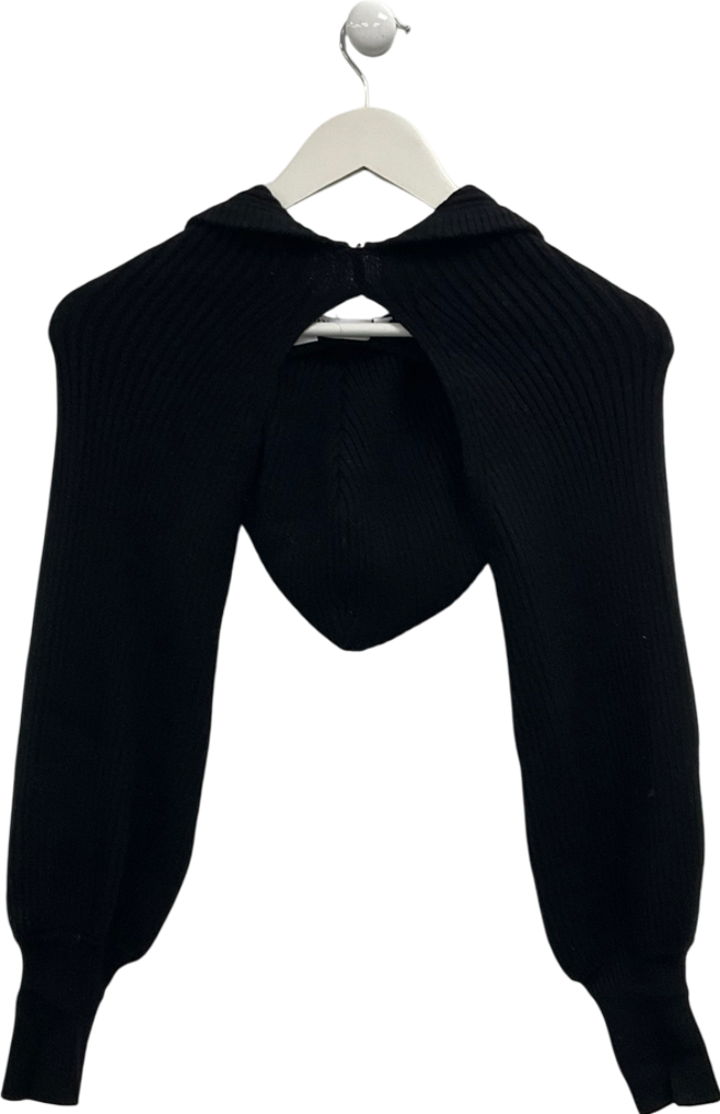 ZARA Black Knitted Out Crop Hooded Sweater UK M