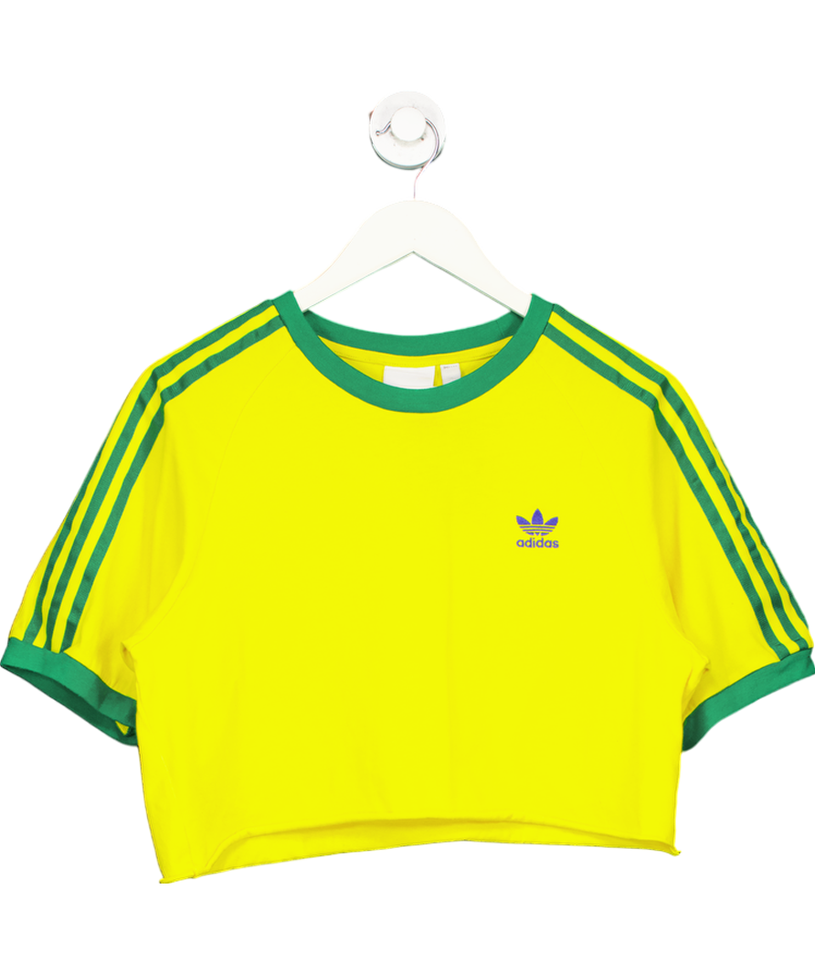 adidas Yellow Cropped 3 Stripe Team T-shirt UK M