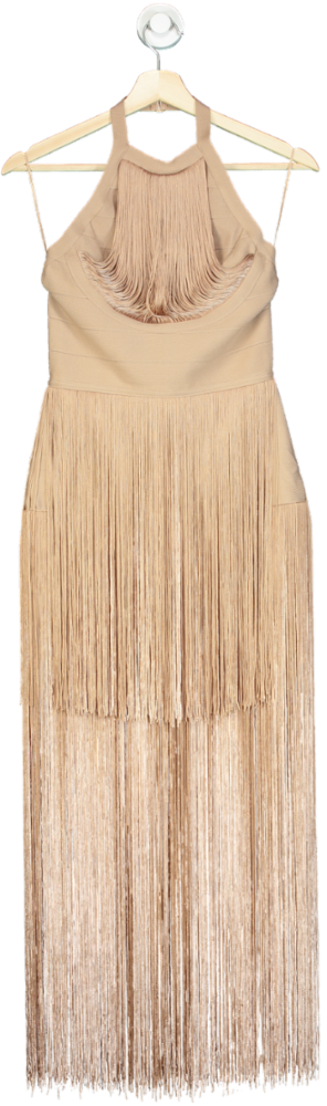 River Island Beige Fringe Halterneck Dress UK 6