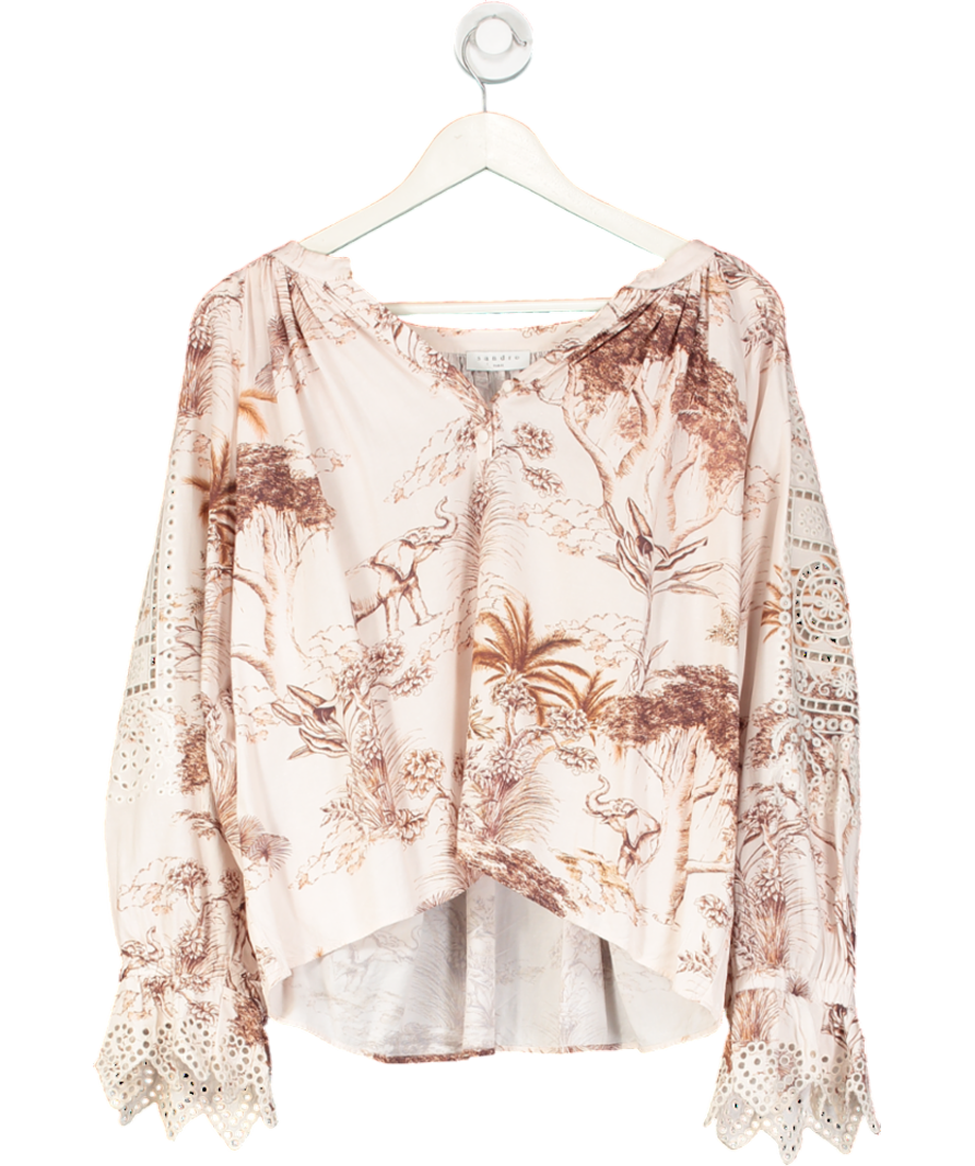 Sandro Ivory / Brown Broderie Anglaise Toile Printed Linen Blouse UK L