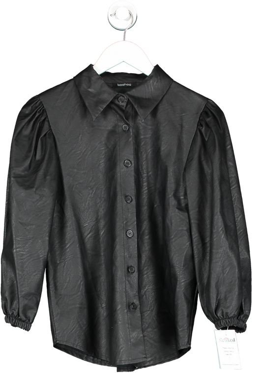 boohoo Black Pu Leather Puff Sleeve Shirt UK 8