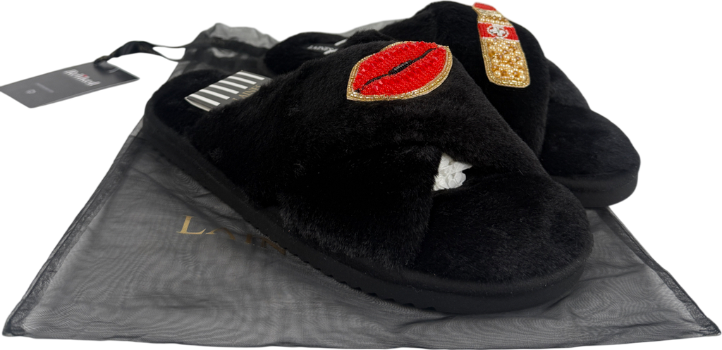 Laines London Black Lips And Lipstick Brooches Slippers - Size L UK 7/8