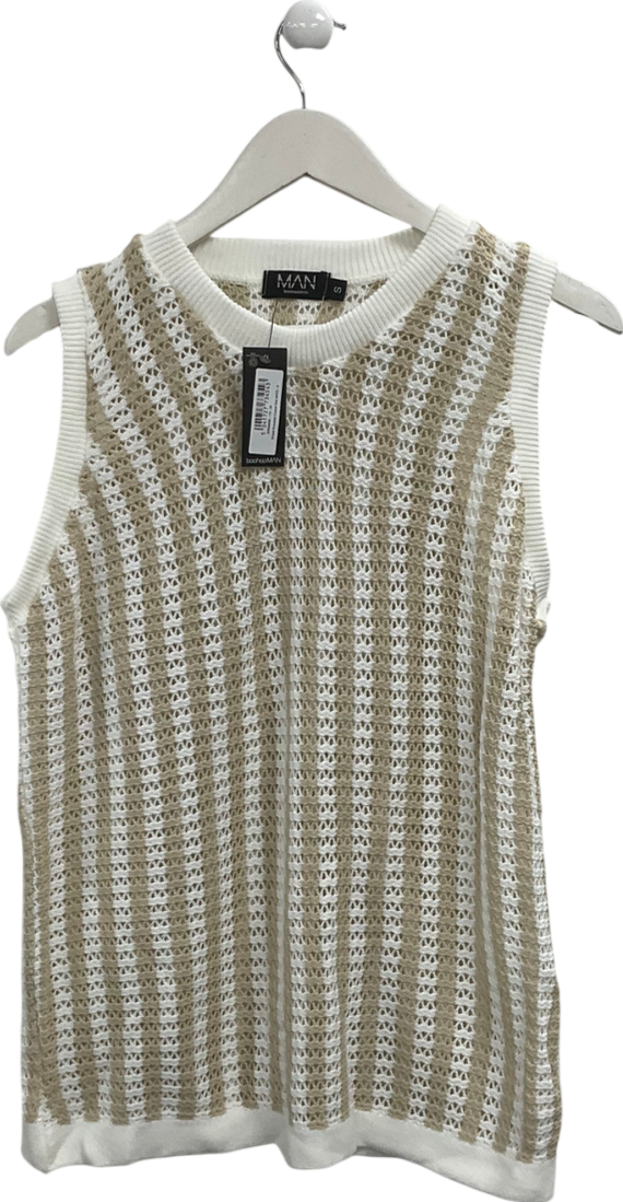 boohooMan Beige Striped Oversized Crochet Vest UK S