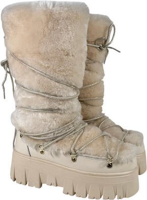 MY SUNDAY SKI Lug Tread Shearling Snow Boots - Tall Cream UK 6 EU 39