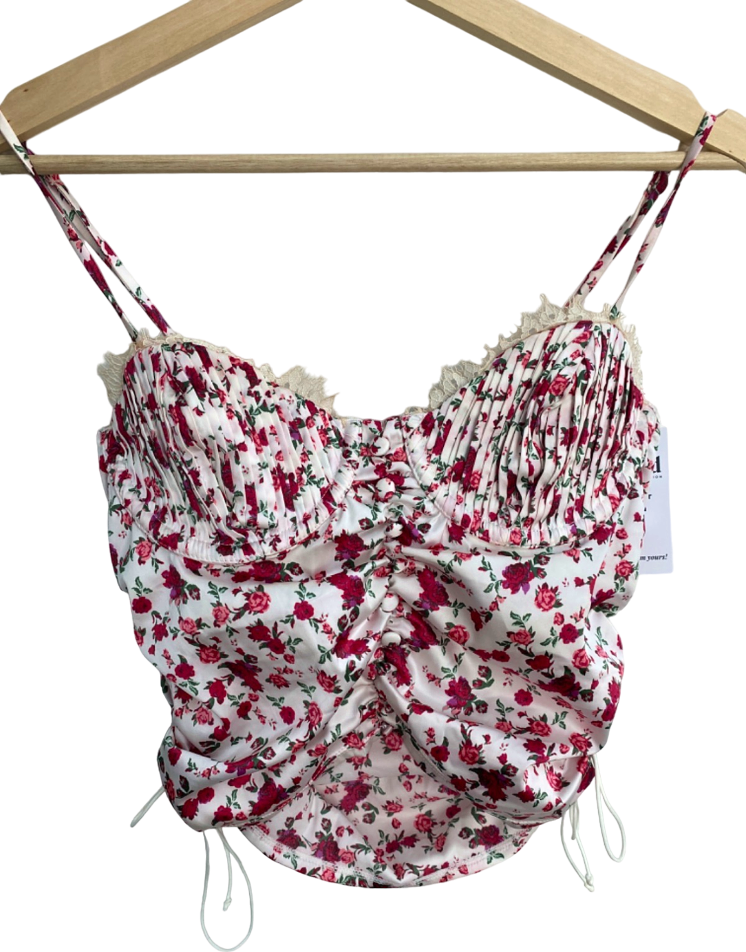 For Love & Lemons Pink Floral Ruffled Tie-Strap Crop Top UK Size 10