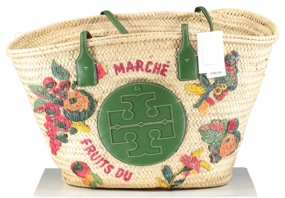 Tory Burch Ella Embroidered Straw Logo Basket Tote Bag