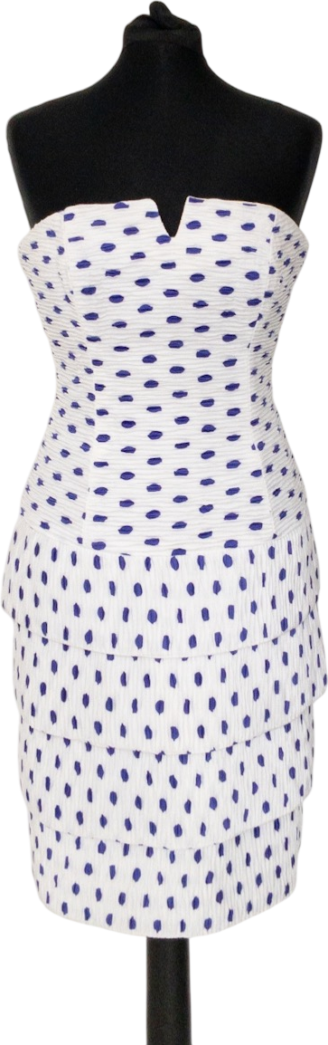 CAROLINE CHARLES LONDON White / Blue Polka Dot Tiered Structured Occasion Dress UK 10
