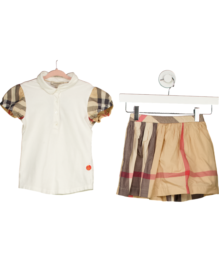 Burberry Beige Polo Shirt With Puff Checked Sleeves And Checked Cotton Skirt 6 Years