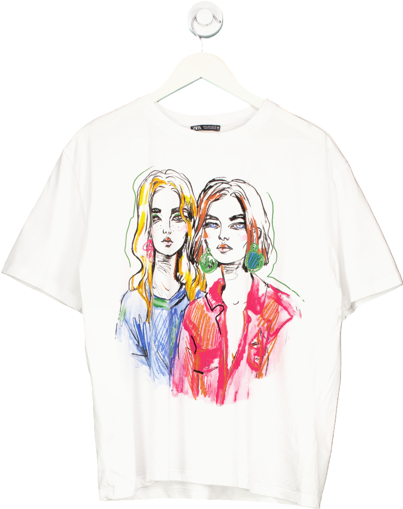 Zara White Graphic Print T-Shirt UK L