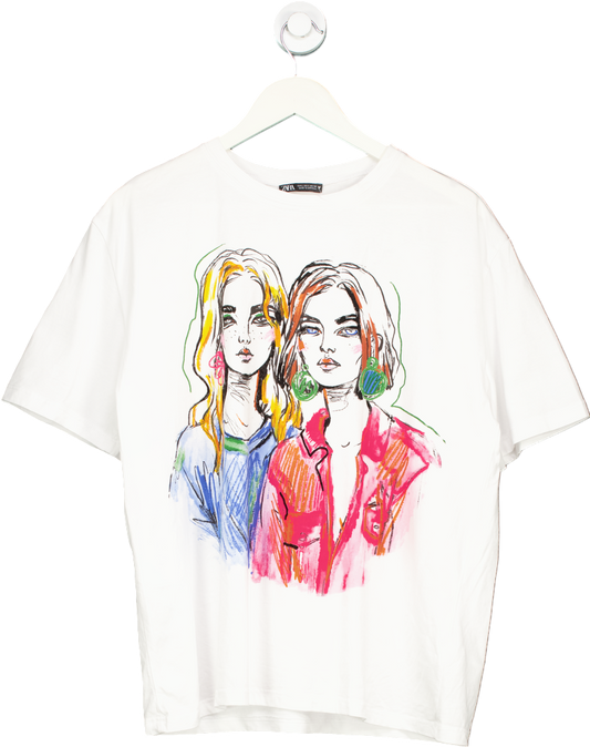 Zara White Graphic Print T-Shirt UK L