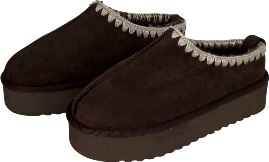 River Island Brown Suedette Faux Fur Platform Mules UK 4 EU 37 👠