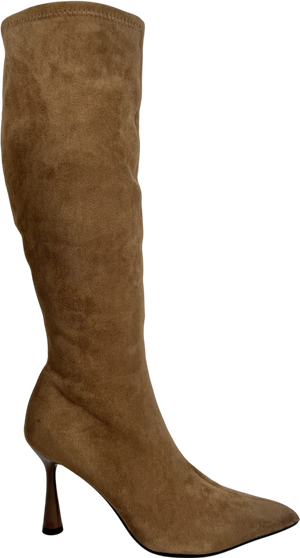 SOSANDAR Beige Camel Faux Suede Knee High Flared Boots UK 6 EU 39