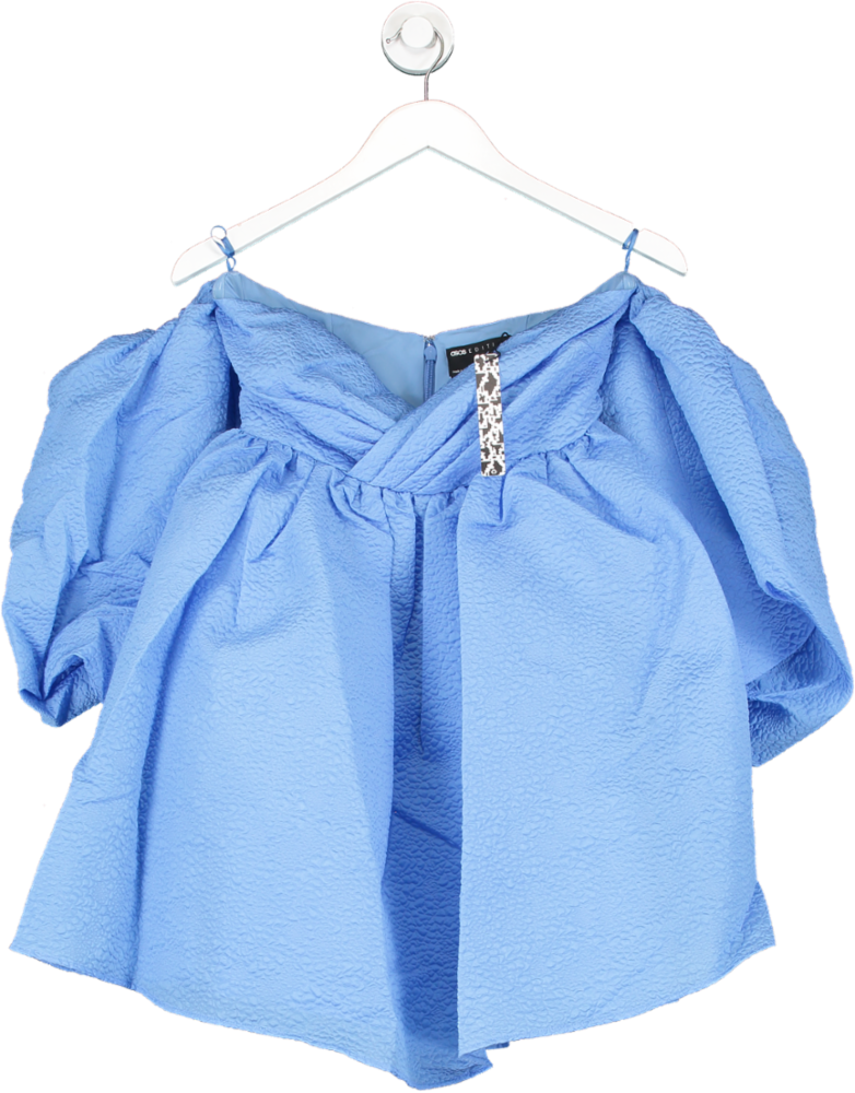 ASOS Blue Off Shoulder Textured Mini Dress With Blouson Sleeve UK 8