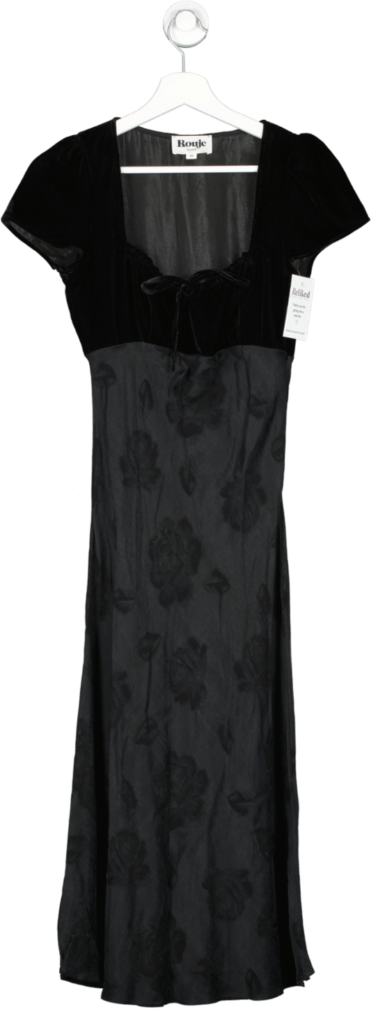 Rouje Black Velvet Sleeve Midi Dress, Rose Inprint Design UK 6